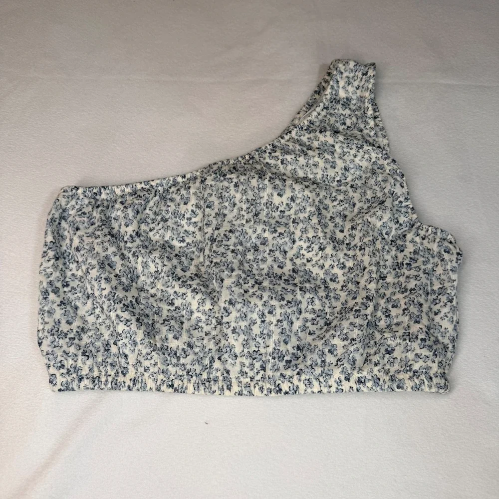 American Eagle Women One Shoulder Crop Top S Blue Floral Smocked 035-2351-5023